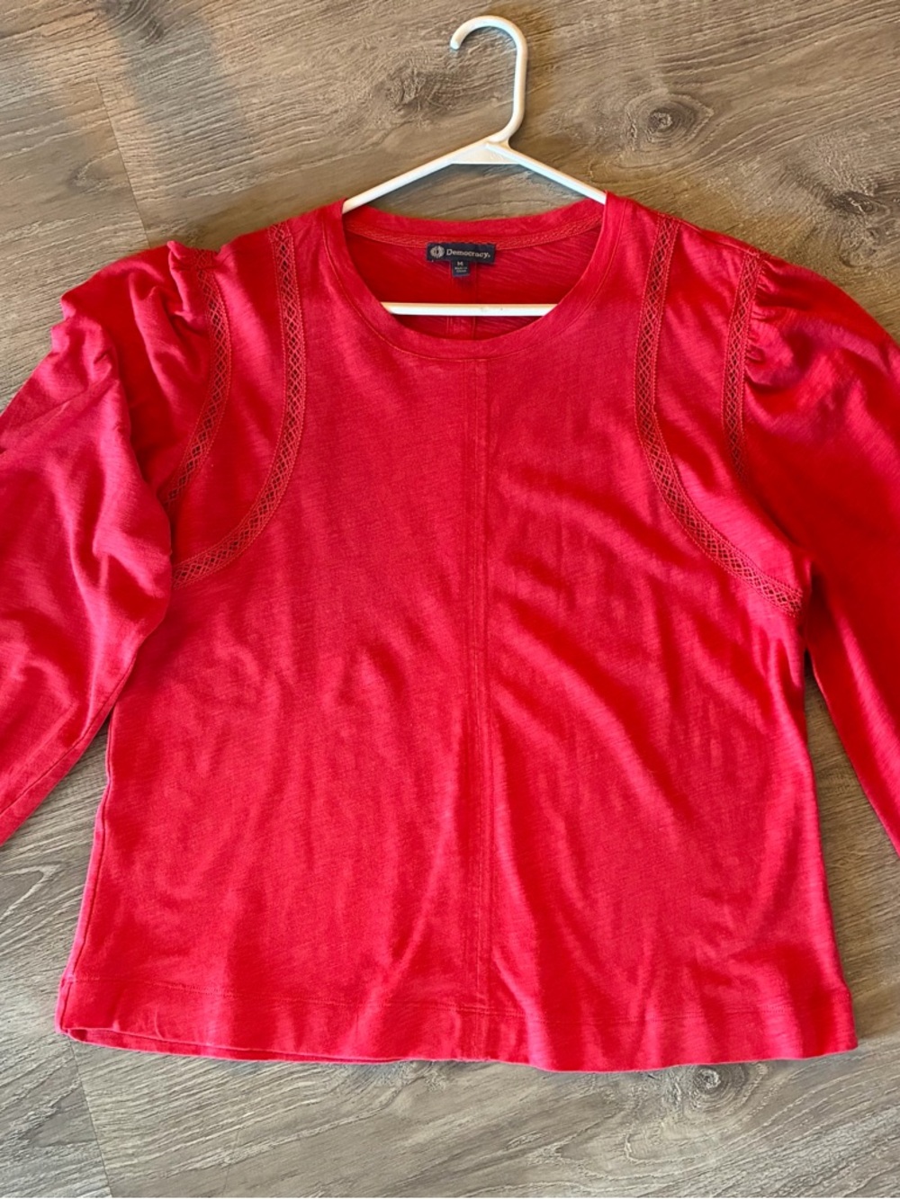 Democracy Bright Red Long Sleeve Crewneck Top with Lace Trim